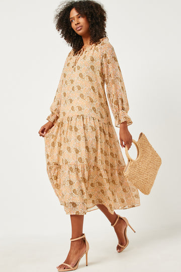 HN4180W Ivory Plus Ruffled Neck Paisley Print Long Sleeve Dress Full Body